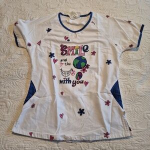 Happy Scrubs women's size Small bright color design & floral graphic EUC